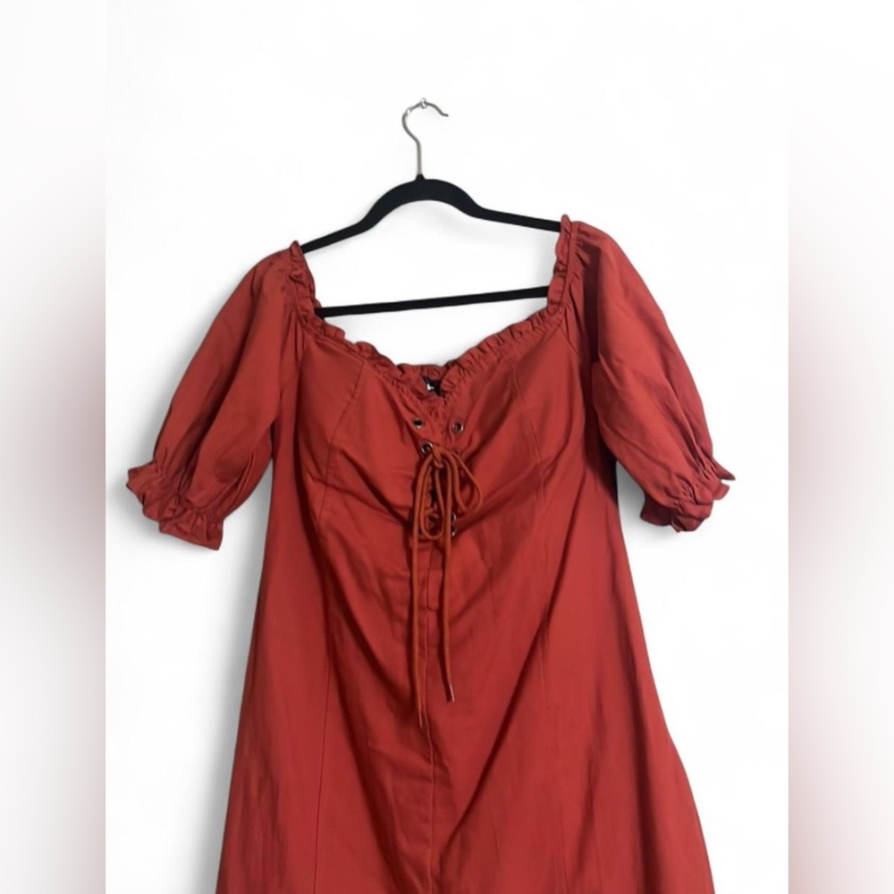 Lulus Dress Sz XL See Ya Later Terra Cotta Off-the-Shoulder Lace-Up 100% Cotton - Picture 5 of 7